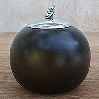 Wood and pewter decorative jar, 'Baby Elephant' - Handmade Thai Raintree Wood Elephant Decorative Jar