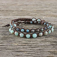 Jasper and agate beaded macrame wrap bracelet, 'Oceanic Wanderer'