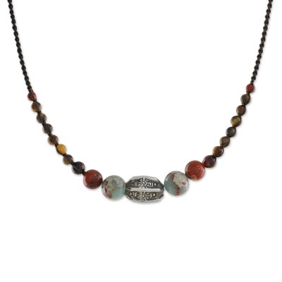 Multi-gemstone beaded macrame cord necklace, 'Earthbound' - Multi-Gemstone and Karen Silver Beaded Macrame Necklace