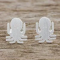 Sterling silver stud earrings, 'Little Octopus'