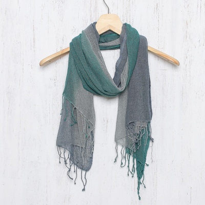 Silk scarf, 'Smoky Forest' - Handwoven Grey and Green Fringed Silk Scarf from Thailand