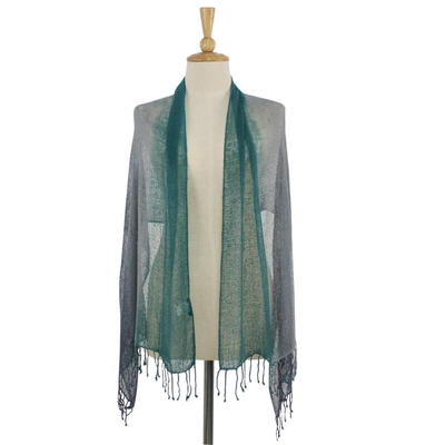 Silk scarf, 'Smoky Forest' - Handwoven Grey and Green Fringed Silk Scarf from Thailand