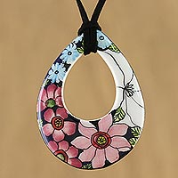 Ceramic pendant necklace, 'Lovely Day' - Adjustable Floral Bloom Teardrop Ceramic Pendant Necklace