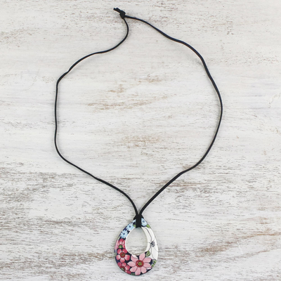 Ceramic pendant necklace, 'Lovely Day' - Adjustable Floral Bloom Teardrop Ceramic Pendant Necklace
