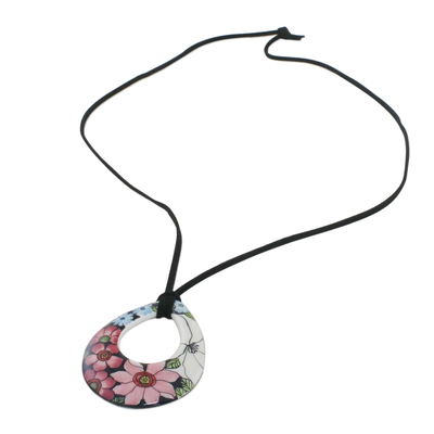 Halskette mit Keramikanhänger - Verstellbare, tropfenförmige Keramik-Halskette mit Blumenblüten-Anhänger