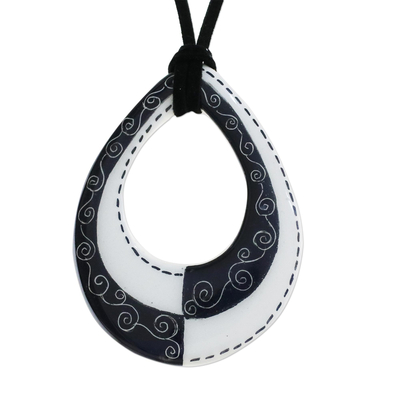 Ceramic pendant necklace, 'Monochrome Magic' - Adjustable Black and White Ceramic Teardrop Pendant Necklace