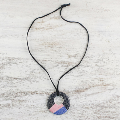 Ceramic pendant necklace, 'Swirls and Roses' - Adjustable Swirls and Roses Ceramic Pendant Necklace