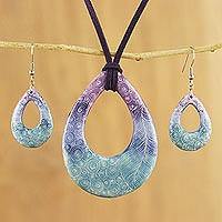 Ceramic jewelry set, 'Feather Beauty' - Swirl and Feather Ceramic Necklace and Earrings Jewelry Set