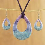 Ceramic jewelry set, 'Feather Beauty' - Swirl and Feather Ceramic Necklace and Earrings Jewelry Set