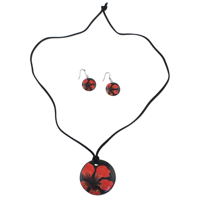 Keramik-Schmuckset - Handgefertigtes Set aus Halskette und Ohrringen aus Keramik mit rotem Blumenmuster