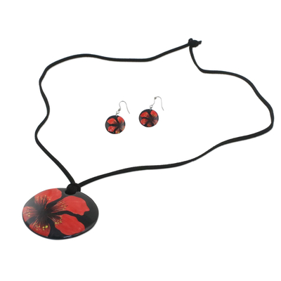 Ceramic jewelry set, 'Floral Melody' - Handmade Red Floral Ceramic Necklace and Earring Set