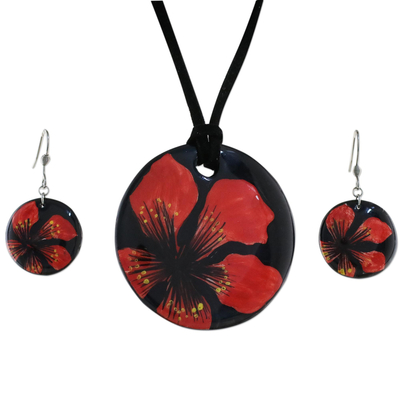 Keramik-Schmuckset - Handgefertigtes Set aus Halskette und Ohrringen aus Keramik mit rotem Blumenmuster