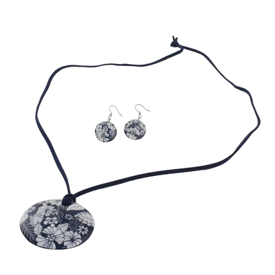 Ceramic Jewellery set, 'Blue Foliage' - Handmade Blue Floral Ceramic Necklace and Earring Set