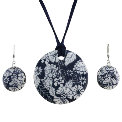 Ceramic jewelry set, 'Blue Foliage' - Handmade Blue Floral Ceramic Necklace and Earring Set