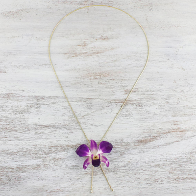 Gold accent natural orchid pendant necklace, 'Orchid Majesty' - Genuine Purple Orchid Resin Pendant Necklace with Gold Chain