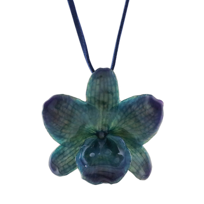 Natural flower pendant necklace, 'Indigo Blossom' - Handmade Natural Orchid Flower Long Pendant Necklace