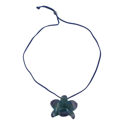 Natural flower pendant necklace, 'Indigo Blossom' - Handmade Natural Orchid Flower Long Pendant Necklace