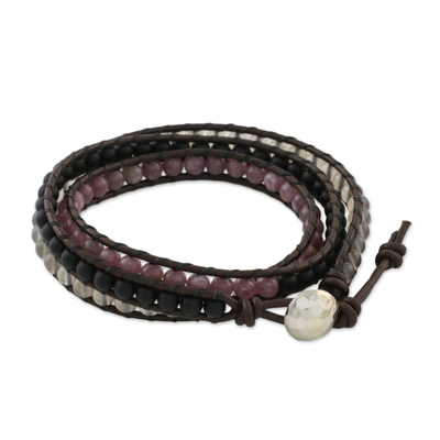 Multi-gemstone beaded wrap bracelet, 'Sunrise Wanderlust' - Unisex Leather and Multi-Gemstone Beaded Wrap Bracelet