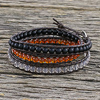 Carnelian and chalcedony beaded wrap bracelet, 'Sunset Wanderlust' - Unisex Leather and Multi-Gemstone Beaded Wrap Bracelet
