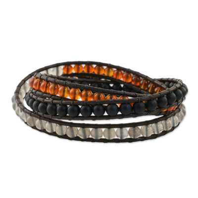 Unisex Leather and Multi-Gemstone Beaded Wrap Bracelet