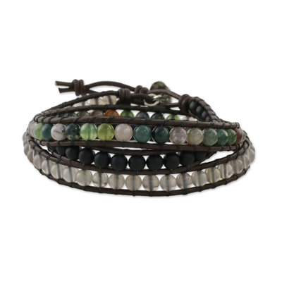 Multi-gemstone beaded wrap bracelet, 'Nature's Wanderlust' - Unisex Leather and Multi-Gemstone Beaded Wrap Bracelet