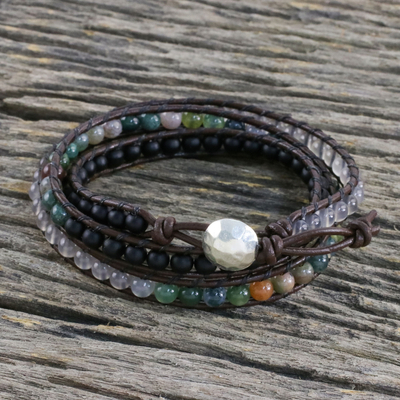 Multi-gemstone beaded wrap bracelet, 'Nature's Wanderlust' - Unisex Leather and Multi-Gemstone Beaded Wrap Bracelet