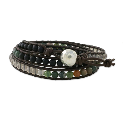 Multi-Edelstein-Perlen-Wickelarmband, 'Wanderlust der Natur - Unisex-Armband aus Leder und Multi-Edelstein-Perlen