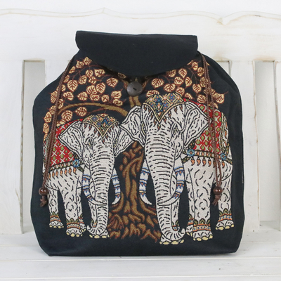 Cotton backpack, 'Elephant Tree' - Embroidered Elephant and Tree Cotton Drawstring Backpack