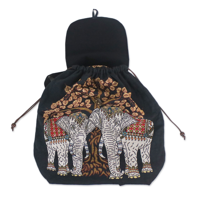 Rucksack aus Baumwolle - Bestickter Rucksack mit Kordelzug aus Baumwolle mit Elefanten- und Baummotiv