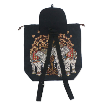 Cotton backpack, 'Elephant Tree' - Embroidered Elephant and Tree Cotton Drawstring Backpack