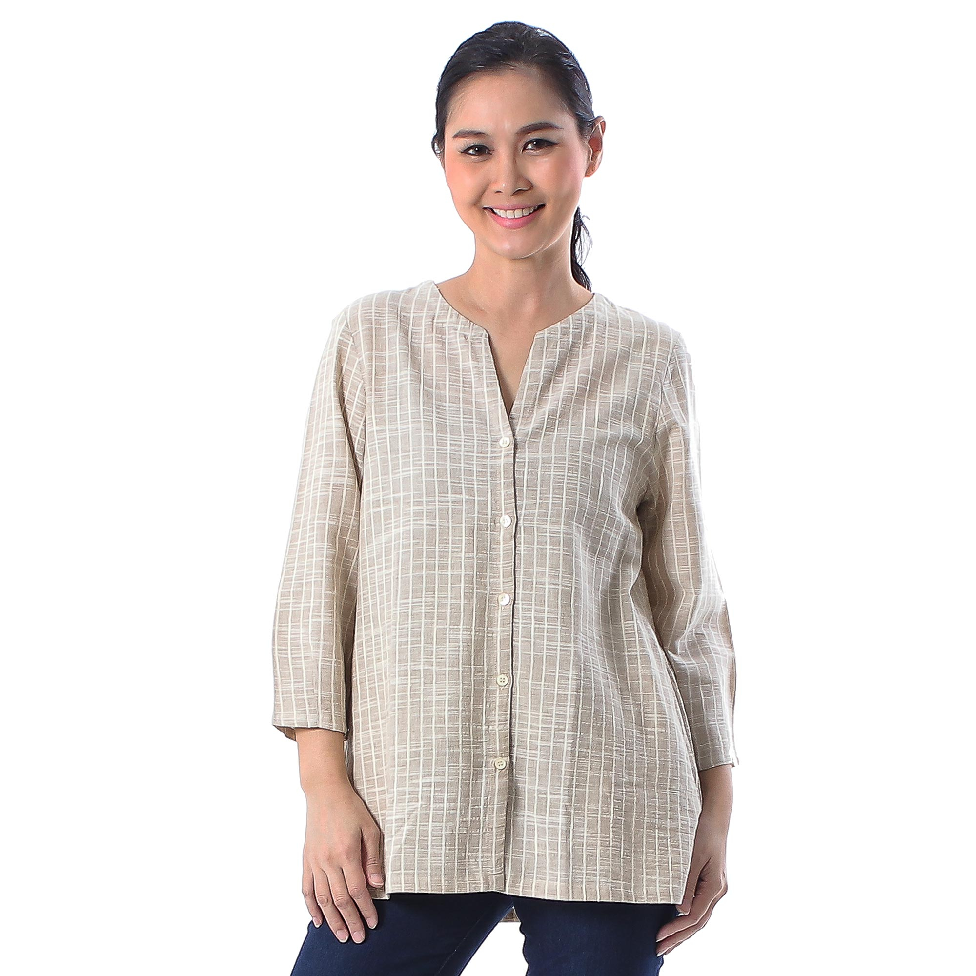 Handmade Classic Taupe Striped Cotton Button Up Blouse - Cozy in Taupe ...