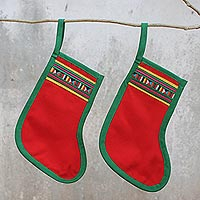 Cotton blend ornaments, 'Lisu Stockings in Red' (pair)