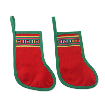 Cotton blend ornaments, 'Lisu Stockings in Red' (pair) - Pair of Cotton Blend Stockings Ornaments from Thailand