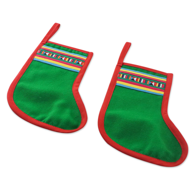 Cotton blend ornaments, 'Lisu Stockings in Green' (pair) - Pair of Cotton Blend Stocking Ornaments from Thailand