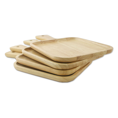 Wood plates, 'Natural Splendor' (set of 4) - Artisan Carved Set of Four Rubberwood Plates with Handles