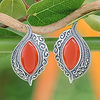 Onyx button earrings, 'Ginger Sunrise' - Sterling Silver Orange Onyx and Marcasite Drop Earrings