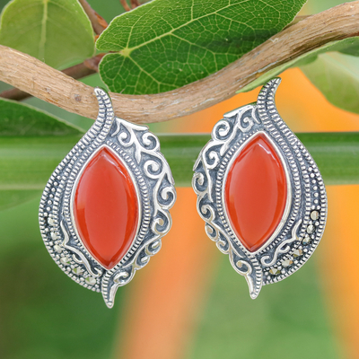 Onyx button earrings, 'Ginger Sunrise' - Sterling Silver Orange Onyx and Marcasite Drop Earrings