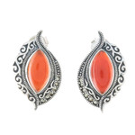 Onyx button earrings, 'Ginger Sunrise' - Sterling Silver Orange Onyx and Marcasite Drop Earrings