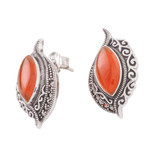 Onyx button earrings, 'Ginger Sunrise' - Sterling Silver Orange Onyx and Marcasite Drop Earrings