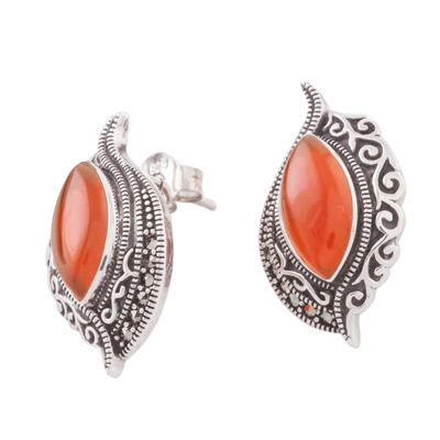 Ohrringe mit Knöpfen Onyxn - Ohrhänger aus Sterlingsilber mit orangefarbenem Onyx und Markasit