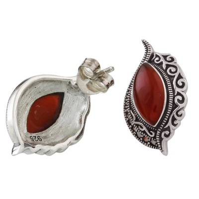 Onyx button earrings, 'Ginger Sunrise' - Sterling Silver Orange Onyx and Marcasite Drop Earrings