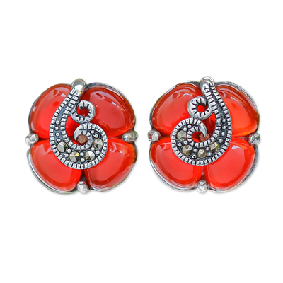 Onyx button earrings, 'Orange Clover' - Sterling Silver Marcasite and Orange Onyx Clover Earrings
