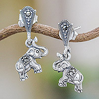 Marcasite dangle earrings, 'Starry Elephants' - Sterling Silver Marcasite Starry Elephant Dangle Earrings