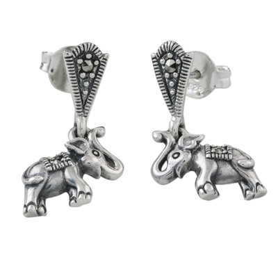 Marcasite dangle earrings, 'Starry Elephants' - Sterling Silver Marcasite Starry Elephant Dangle Earrings