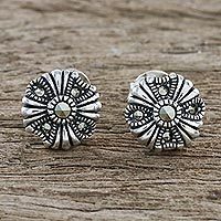 Marcasite stud earrings, 'Antique Flower' - Sterling Silver Marcasite Vintage Inspired Floral Earrings