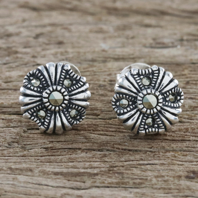 Marcasite stud earrings, 'Antique Flower' - Sterling Silver Marcasite Vintage Inspired Floral Earrings