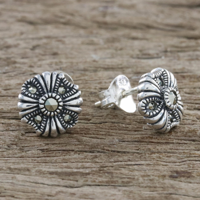 Marcasite stud earrings, 'Antique Flower' - Sterling Silver Marcasite Vintage Inspired Floral Earrings