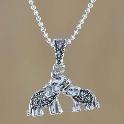 Marcasite pendant necklace, 'Mommy and Me' - Sterling Silver and Faceted Marcasite Thai Elephant Necklace