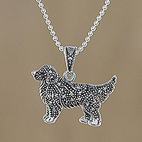 Marcasite and garnet pendant necklace, 'Galaxy Dog' - Sterling Silver Marcasite and Garnet Dog Pendant Necklace