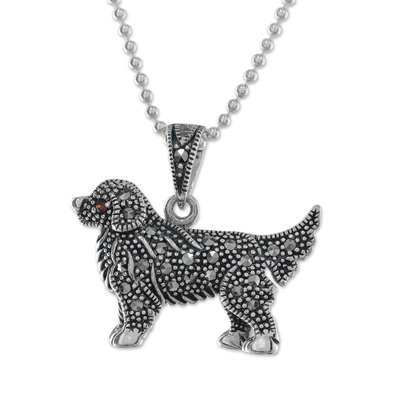 Marcasite and garnet pendant necklace, 'Galaxy Dog' - Sterling Silver Marcasite and Garnet Dog Pendant Necklace